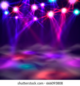 Dance Floor Banner, Light And Smoke On Stage. Vector Illustration