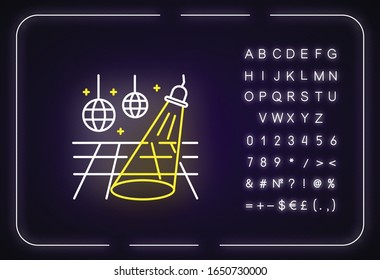 Dance floor neon light icon. Outer glowing effect. Sign with alphabet, numbers and symbols. Night club recreation activity, nightclub party. Empty dancefloor. Vector isolated RGB color illustration