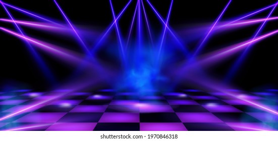 Dance floor, stage illuminated by blue and pink spotlights. Empty scene with spots of light on checkered floor. Vector realistic illustration of theater or club with color beams of lamps and smoke