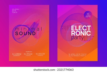 Dance flyer. Abstract discotheque banner set. Dynamic gradient shape and line. Neon dance flyer. Electro trance music. Techno dj party. Electronic sound event. Club fest poster.