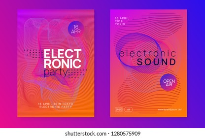 Dance flyer. Bright concert invitation set. Dynamic gradient shape and line. Neon dance flyer. Electro trance music. Techno dj party. Electronic sound event. Club fest poster.