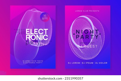 Dance flyer. Cool concert brochure set. Dynamic gradient shape and line. Neon dance flyer. Electro trance music. Techno dj party. Electronic sound event. Club fest poster.