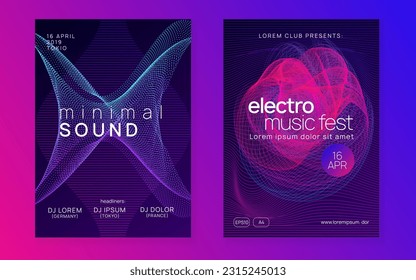 Volante de danza. Conjunto de invitaciones para show creativo. Forma dinámica de fluido y línea. Volante de baile neón. Música de trance eléctrico. Partido Techno dj. Evento de sonido electrónico. Afiche del festival de club.