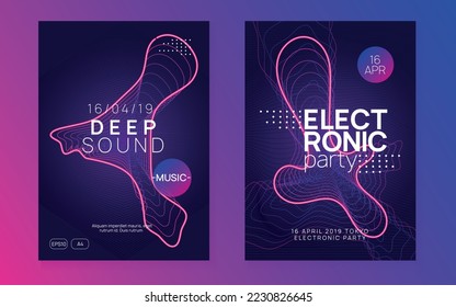 Dance flyer. Curvy discotheque banner set. Dynamic gradient shape and line. Neon dance flyer. Electro trance music. Techno dj party. Electronic sound event. Club fest poster.