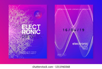 Dance flyer. Curvy discotheque brochure set. Dynamic gradient shape and line. Neon dance flyer. Electro trance music. Techno dj party. Electronic sound event. Club fest poster.