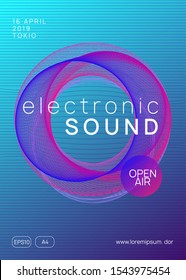 Dance flyer. Curvy discotheque brochure layout. Dynamic gradient shape and line. Neon dance flyer. Electro trance music. Techno dj party. Electronic sound event. Club fest poster.