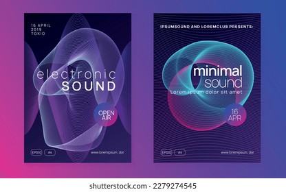Dance flyer. Curvy show brochure set. Dynamic fluid shape and line. Neon dance flyer. Electro trance music. Techno dj party. Electronic sound event. Club fest poster.