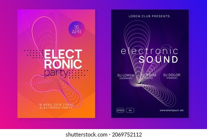 Dance flyer. Digital discotheque brochure set. Dynamic fluid shape and line. Neon dance flyer. Electro trance music. Techno dj party. Electronic sound event. Club fest poster.