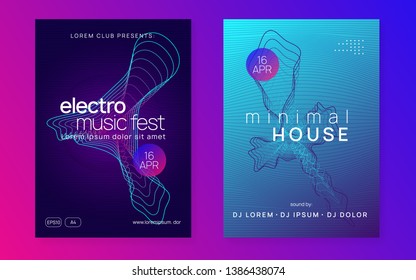 Dance flyer. Digital show brochure set. Dynamic fluid shape and line. Neon dance flyer. Electro trance music. Techno dj party. Electronic sound event. Club fest poster.