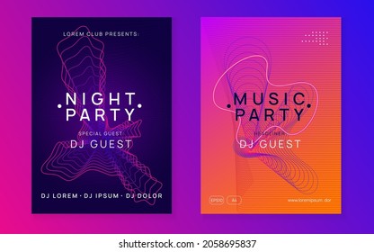 Dance flyer. Dynamic fluid shape and line. Bright concert invitation set. Neon dance flyer. Electro trance music. Techno dj party. Electronic sound event. Club fest poster.