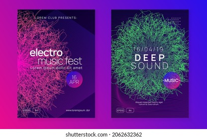 Dance flyer. Dynamic fluid shape and line. Trendy concert magazine set. Neon dance flyer. Electro trance music. Techno dj party. Electronic sound event. Club fest poster.