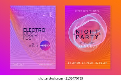 Dance flyer. Dynamic fluid shape and line. Bright discotheque banner set. Neon dance flyer. Electro trance music. Techno dj party. Electronic sound event. Club fest poster.
