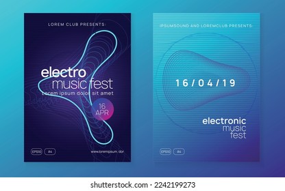 Dance flyer. Dynamic fluid shape and line. Bright discotheque cover set. Neon dance flyer. Electro trance music. Techno dj party. Electronic sound event. Club fest poster.