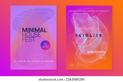 Dance flyer. Dynamic fluid shape and line. Geometric concert magazine set. Neon dance flyer. Electro trance music. Techno dj party. Electronic sound event. Club fest poster.
