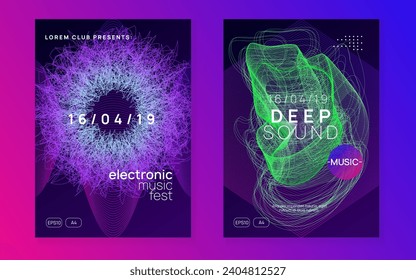 Dance flyer. Dynamic fluid shape and line. Digital concert banner set. Neon dance flyer. Electro trance music. Techno dj party. Electronic sound event. Club fest poster.