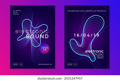 Dance flyer. Dynamic fluid shape and line. Cool discotheque cover set. Neon dance flyer. Electro trance music. Techno dj party. Electronic sound event. Club fest poster.