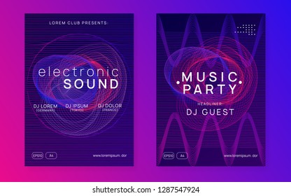 Dance flyer. Dynamic gradient shape and line. Trendy concert brochure set. Neon dance flyer. Electro trance music. Techno dj party. Electronic sound event. Club fest poster.