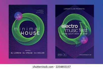 Dance flyer. Dynamic gradient shape and line. Futuristic show brochure set. Neon dance flyer. Electro trance music. Techno dj party. Electronic sound event. Club fest poster.