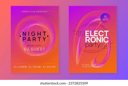 Dance flyer. Dynamic gradient shape and line. Bright concert banner set. Neon dance flyer. Electro trance music. Techno dj party. Electronic sound event. Club fest poster.