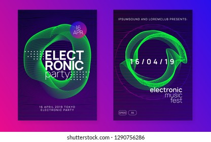 Dance flyer. Futuristic concert cover set. Dynamic gradient shape and line. Neon dance flyer. Electro trance music. Techno dj party. Electronic sound event. Club fest poster.