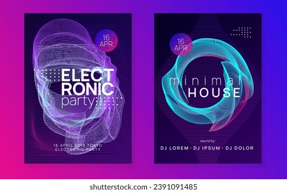 Dance flyer. Trendy concert invitation set. Dynamic fluid shape and line. Neon dance flyer. Electro trance music. Techno dj party. Electronic sound event. Club fest poster.
