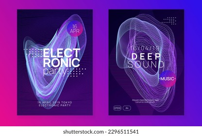 Dance flyer. Trendy discotheque brochure set. Dynamic gradient shape and line. Neon dance flyer. Electro trance music. Techno dj party. Electronic sound event. Club fest poster.