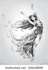 Dance of a girl in a floral ornament