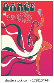 Dance of Goddess Art Nouveau Style Female Poster, Dancing Woman with Fan, Long Dress