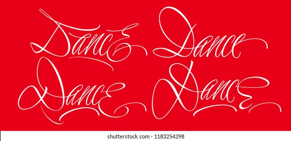 DANCE hand lettering(logo) set, vector illustration; white letters on red background. Stylish hand lettering for postcards, banners, stickers, T-shirts, notebooks, posters and dance accessories.