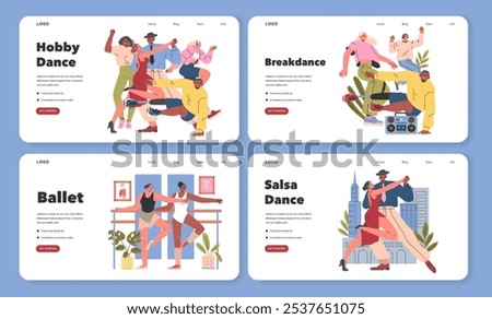 Dance Hobby set. From energetic breakdance to classical ballet and vibrant salsa, capturing the diversity of dancing as a passionate hobby. Vector illustration.