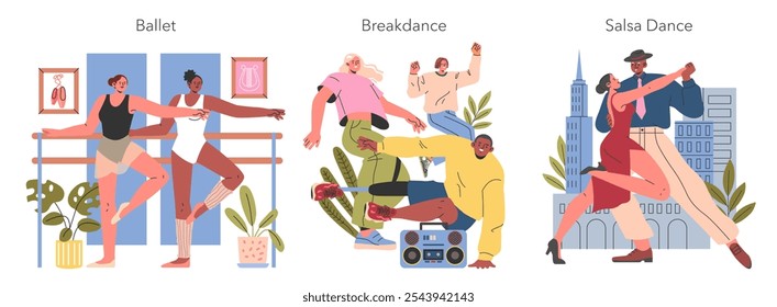 Dance Hobby set. Illustrations of ballet, breakdance, and salsa showing diverse dancers enjoying different styles. Expressive movement and cultural diversity in dance. Vector illustration.