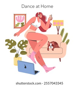 Dance at Home concept. A joyful woman dancing to music in a cozy living room setting with her pet dog. Leisure activity, fitness, and well-being at home. Vector illustration.