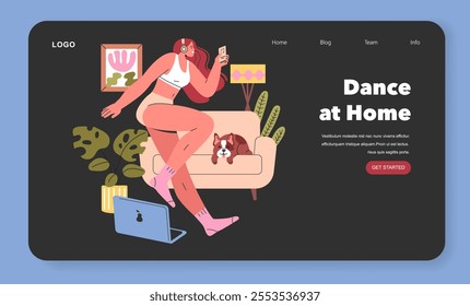 Dance at Home concept. Woman enjoys a lively living room dance session with her pet watching. Online dance class comfort and fun. Vector illustration.