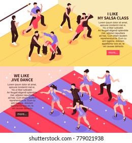 Dance horizontal isometric banners with people in ballroom during salsa training, jive class isolated vector illustration 