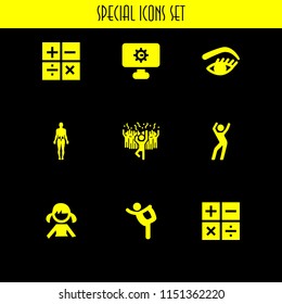 dance icon. 9 dance set with man in a party dancing with people, hip, shapes and symbols and ballet vector icons for web and mobile app
