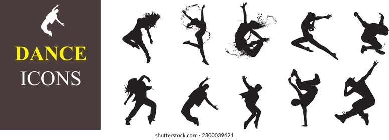 Dance icon boy and girl Children dancing street dance silhouette vector illustration. Group people dancing silhouette set. Figure happy active young men and women simple cartoon collection - Shutterstock ID 2300039621
