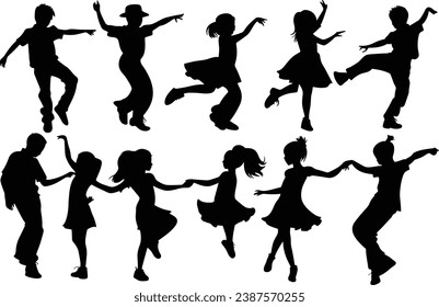 Icono de danza niño y niña Niños bailando la silueta de baile callejero ilustración vectorial. Gente de grupo bailando conjunto de siluetas. Figura feliz colección de caricaturas de jóvenes activos y mujeres