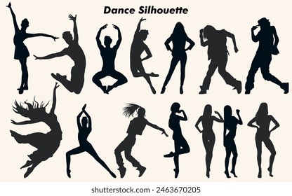 Dance icon boy and girl Children dancing street dance silhouette vector illustration. Group people dancing silhouette set. Figure happy active young men and women simple cartoon collection