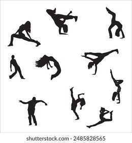 Dance icon boy and girl Children dancing street dance silhouette vector illustration. Group people dancing silhouette set.