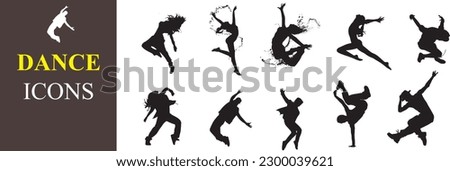 Dance icon boy and girl Children dancing street dance silhouette vector illustration. Group people dancing silhouette set. Figure happy active young men and women simple cartoon collection