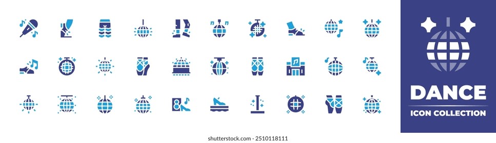 Dance icon collection. Duotone color. Vector illustration. Containing tapmusic, ballet, mirrorball, discoball, trousers, microphone, dance, party, claquetap, tapstage.