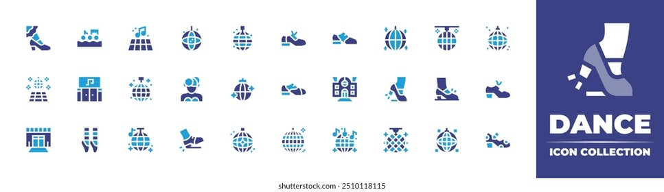 Dance icon collection. Duotone color. Vector illustration. Containing dancefloor, discoball, ballet, dancer, dance, mirrorball, discotheque, disco, tapshoes, claquetap.