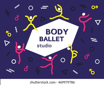 Dance icon concept. Ballet studio logo design template in swiss style. Training class banner background with symbol of abstract people in dancing poses. Memphis pattern. Vector illustration.