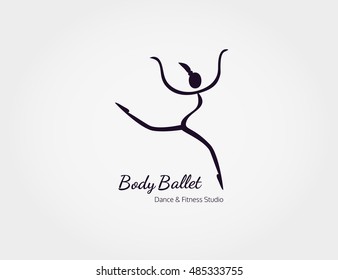 Dance icon concept. Body Ballet studio logo design template. Character silhouette isolated. Fitness class banner background with symbol abstract ballerina sign in dancing pose. Vector illustration.
