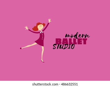 Dance icon concept. Modern Ballet studio logo design template. Cartoon cute character dancing girl. Fitness class banner background with symbol abstract ballerina in moving pose. Vector illustration