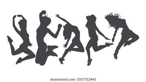 Dance icon girl Children dancing street dance silhouette vector illustration. Group people dancing silhouette set. Figure happy active young men and women simple cartoon collection