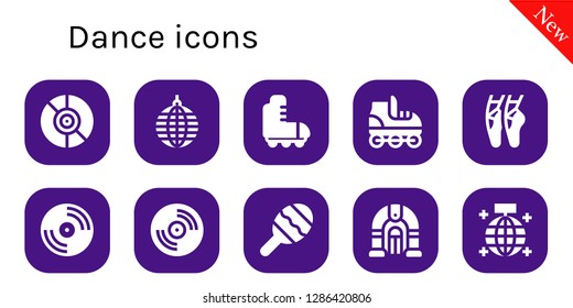  dance icon set. 10 filled dance icons. Simple modern icons about  - Vinyl, Mirror ball, Roller skate, Ballet, Maraca, Jukebox