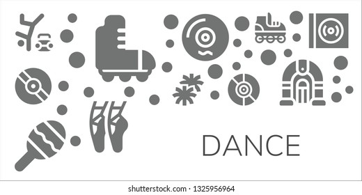 dance icon set. 11 filled dance icons.  Collection Of - Hip hop, Roller skate, Vinyl, Pom pom, Maraca, Ballet, Jukebox