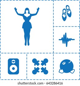 Dance icon. set of 6 dance filled icons such as dancing emoji, music equalizer, dancing woman, speaker, ballet shoes