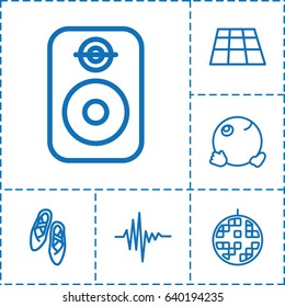 Dance icon. set of 6 dance outline icons such as music equalizer, disco ball, speaker, ballet shoes, dancing emoji